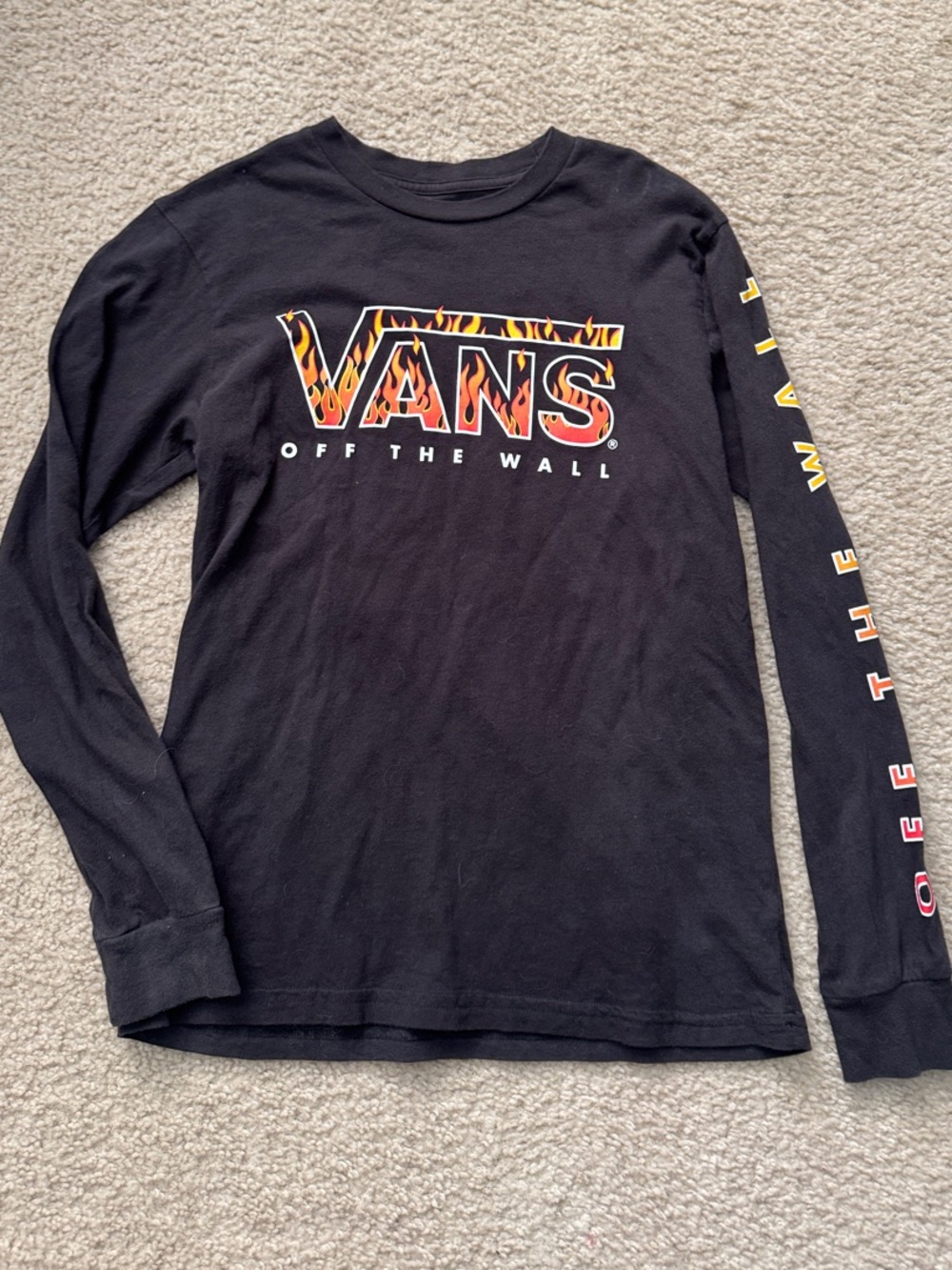Vans Black Long Sleeve Tee with Flame Logo and Sleeve Script